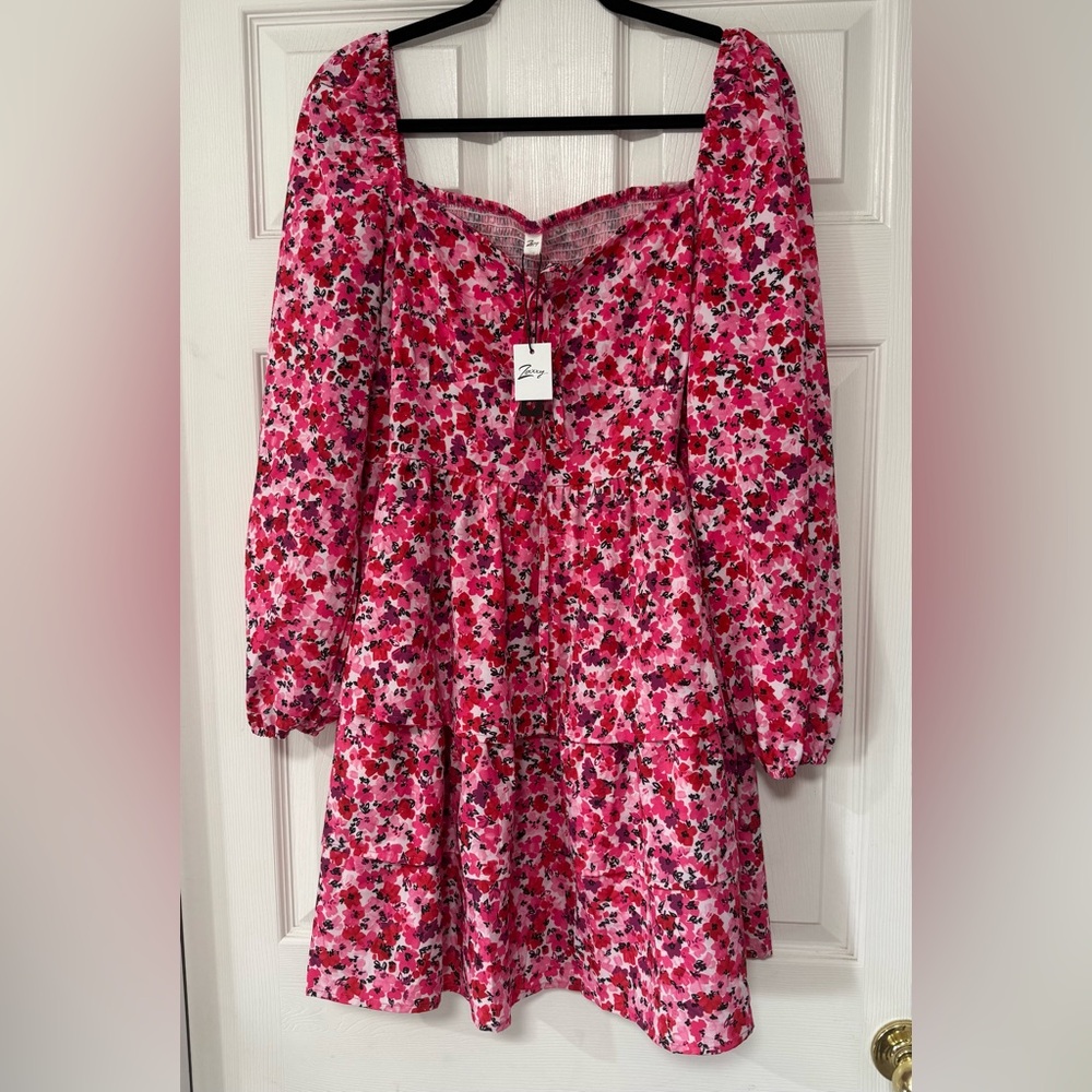 Zexxxy Women's Floral Pink Long Sleeves Ruffle Dress Size XL NWT